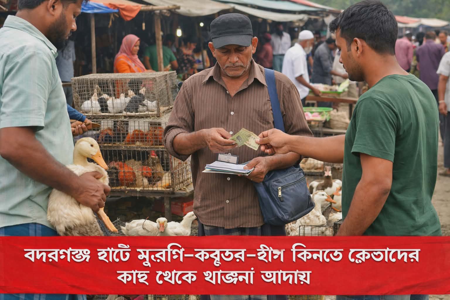 বদরগঞ্জ হাটে মুরগি–কবুতর–হাঁস কিনতে গিয়ে ক্রেতাদের কাছ থেকে খাজনা আদায়ের অভিযোগ