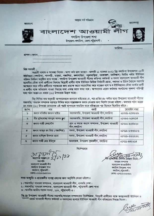 বিদ্রোহী প্রার্থীর পক্ষে নির্বাচনী প্রচারণা করায় উপজেলা আওয়ামীলীগের ৬ নেতাকে শোকজ