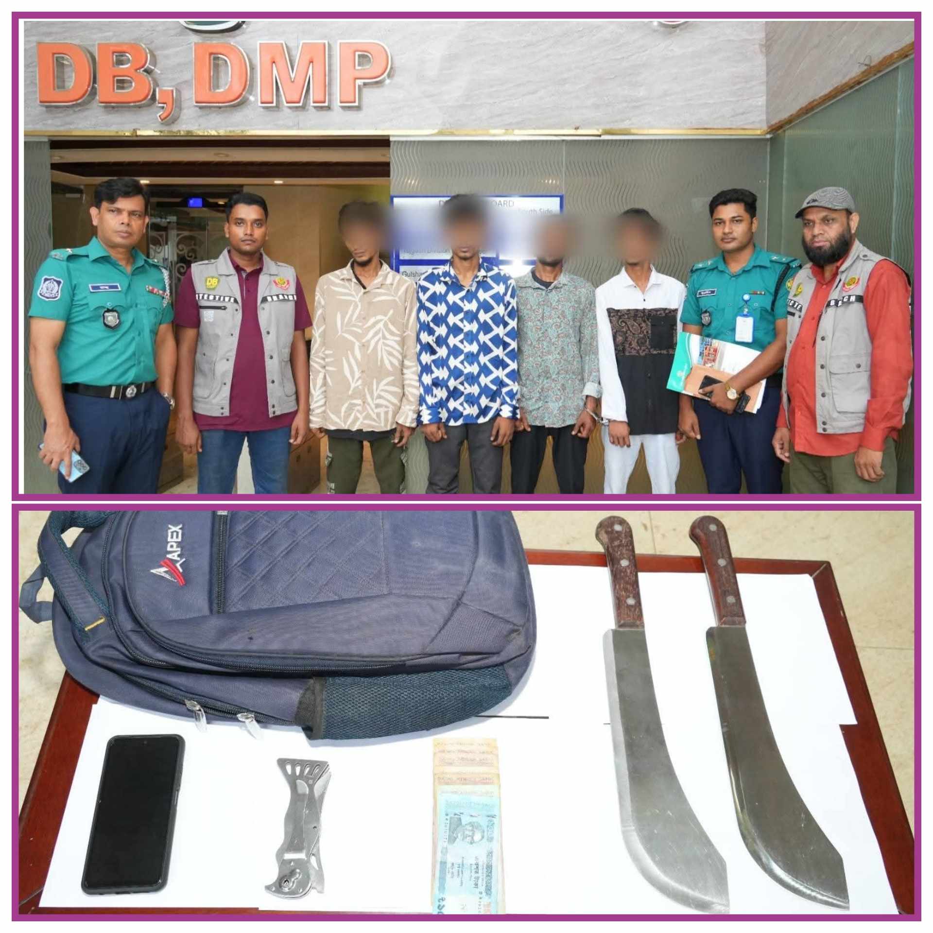 রাজধানী ডিবি পুলিশের অভিযানে মগবাজারের গ্রিনওয়ে গলিতে চাঞ্চল্যকর ছিনতাইয়ের ঘটনায় ছিনতাইকৃত মালামালসহ আটক-৪।