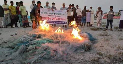 মা ইলিশ ধরার অপরাধে চৌহালীতে ২৫ হাজার মিটার কারেন্ট জাল পুড়ে বিনষ্ট।